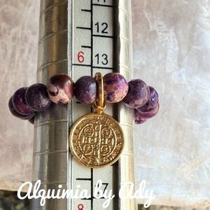 Infinity band Saint Benedict purple turquoise beaded gem ring